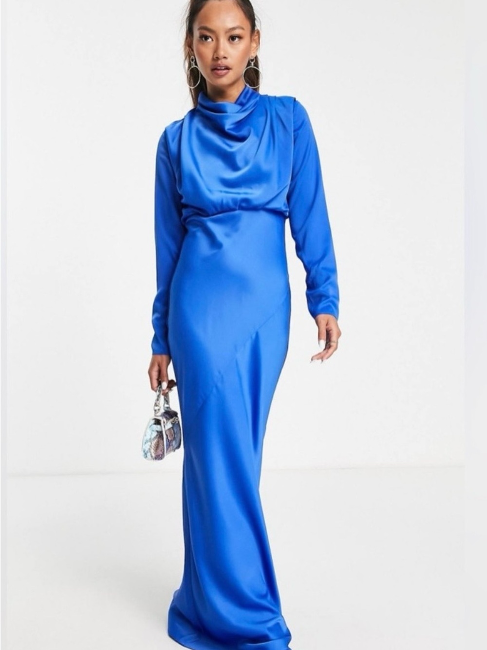 NWT ASOS DESIGN high neck drape satin bias cut maxi dress in blue